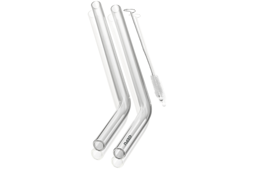 Set med 4 Gefu Future böjda sugrör i klarglas 23 cm + borste