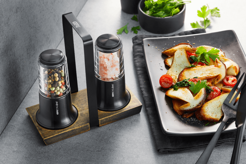 Gefu X-Plosion black salt and pepper mill set with tray