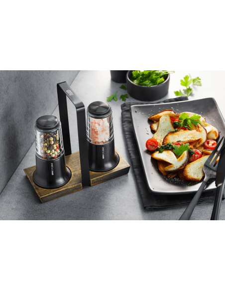 Conjunto de moinho de sal e pimenta preto Gefu X-Plosion com tabuleiro