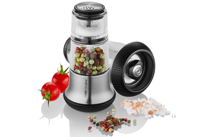 Gefu X-Plosion pippurimylly, jossa on ruostumattomasta teräksestä valmistettu suolasirotin