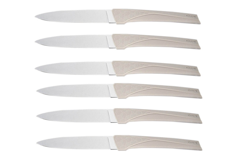 Set om 6 Kiana bordsknivar 10,4cm blad av rostfritt stål med handtag av snöre
