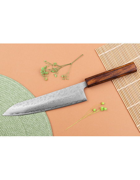 Faca de chef japonesa tradicional Yuzo Damascus Tsuchime de 21 cm