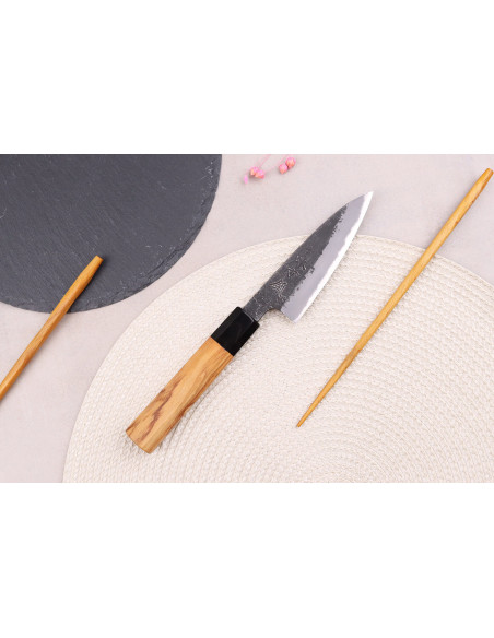 Cuchillo de pelar tradicional japonés Hinoura Mutsumi Ajikataya Negro Nashiji de 10cm