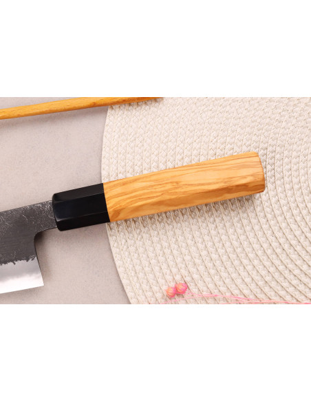 faca santoku 16,5cm japonesa artesanal Hinoura Mutsumi Ajikataya Preto Nashiji