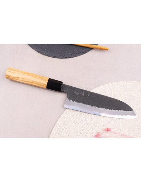 santokumesser 16,5cm japonais artisanal Hinoura Mutsumi Ajikataya Schwarz Nashiji