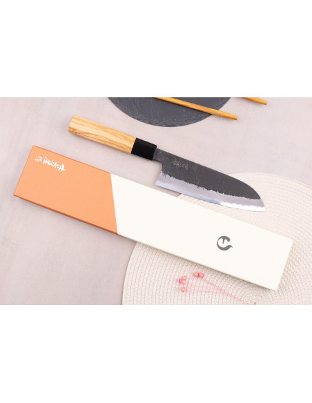 santoku knife 16,5cm japonais artisanal Hinoura Mutsumi Ajikataya Black Nashiji
