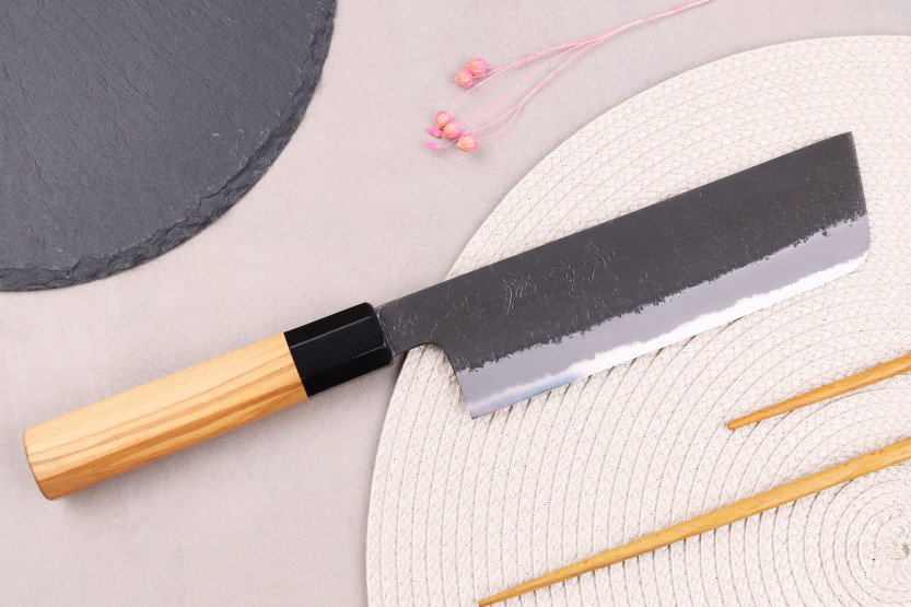 nakiri mes 16,5cm japonais artisanaal Hinoura Mutsumi Ajikataya Zwart Nashiji