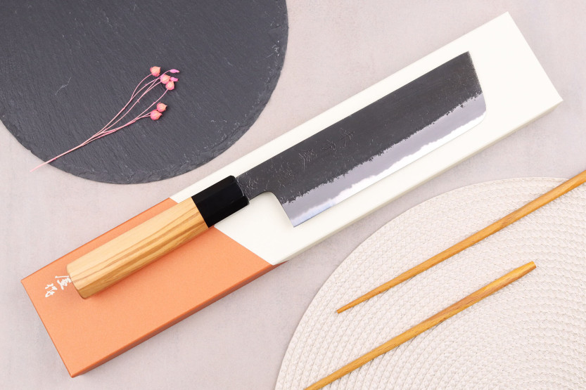 nakiri mes 16,5cm japonais artisanaal Hinoura Mutsumi Ajikataya Zwart Nashiji