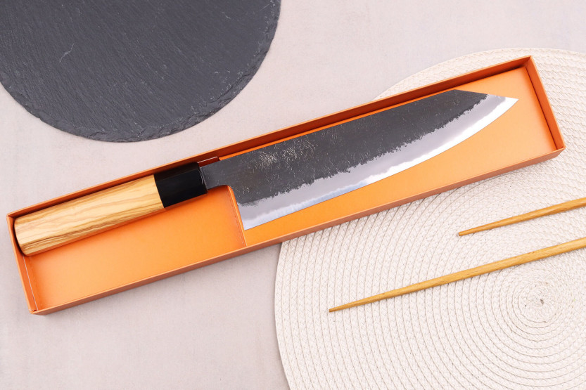 Faca de cozinha kiritsuke 21cm Hinoura Mutsumi Ajikataya Preto Nashiji japonesa feita à mão