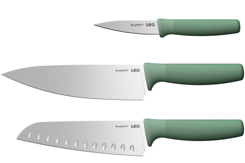 Sett med 3 Berghoff Leo Forest-kniver i rustfritt stål og grønn polypropylen