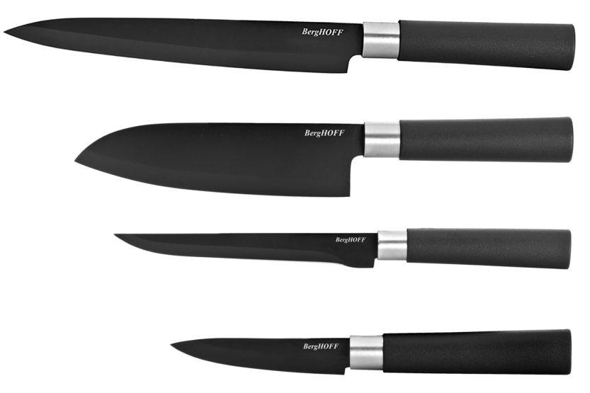 Set med 4 Berghoff DiNA Prime-knivar, svarta blad med non-stick beläggning