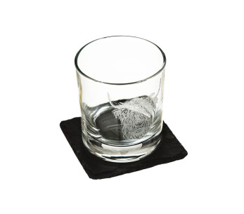 Bicchiere da whisky Selbrae House con sottobicchiere - motivo mucca