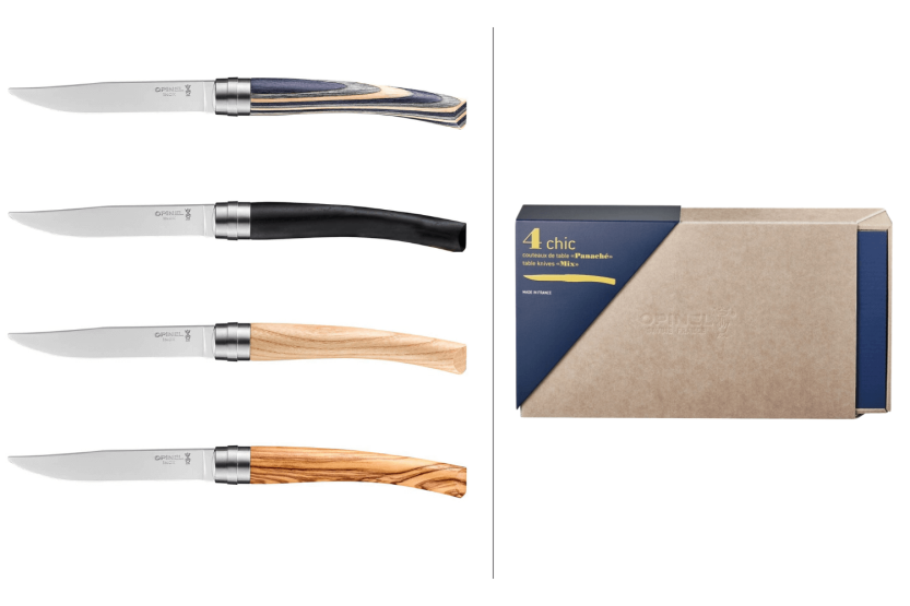 Sæt med 4 Opinel Table Chic Panaché bordknive med blade i rustfrit stål 10 cm træhåndtag