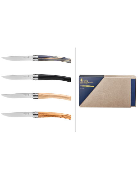Set van 4 Opinel Table Chic Panaché tafelmessen roestvrijstalen lemmeten 10cm houten handvatten