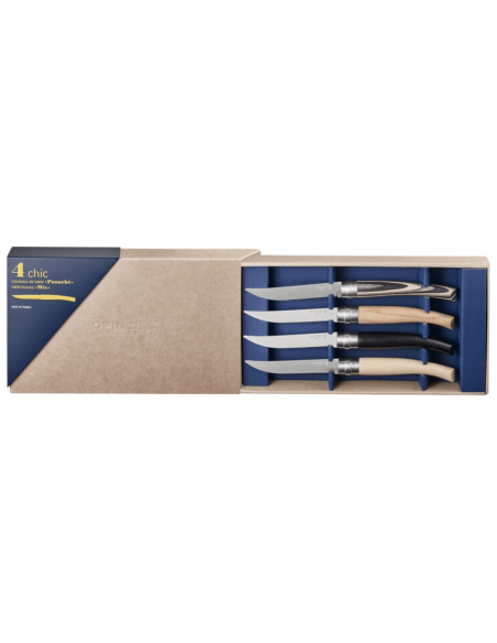 Set om 4 Opinel Table Chic Panaché bordsknivar med 10cm blad av rostfritt stål och trähandtag