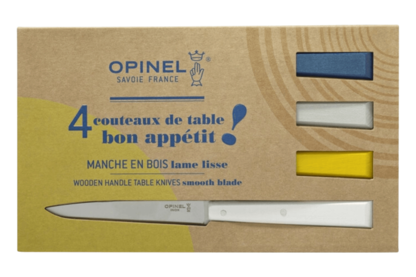 4 kpl Opinel Bon Appétit Céleste pöytäveitset n°125 11cm ruostumattomasta teräksestä terät valkopuukahvat