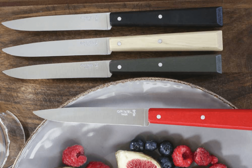 Set van 4 Opinel Bon Appétit Loft tafelmessen n°125 11cm roestvrijstalen bladen hoornbeuk handvatten