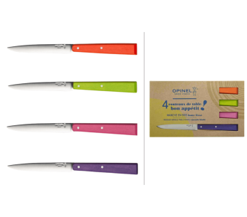 Boks med 4 Opinel Bon Appétit Pop bordkniver nr. 125 11 cm med blad i rustfritt stål og skaft i hornbjelke