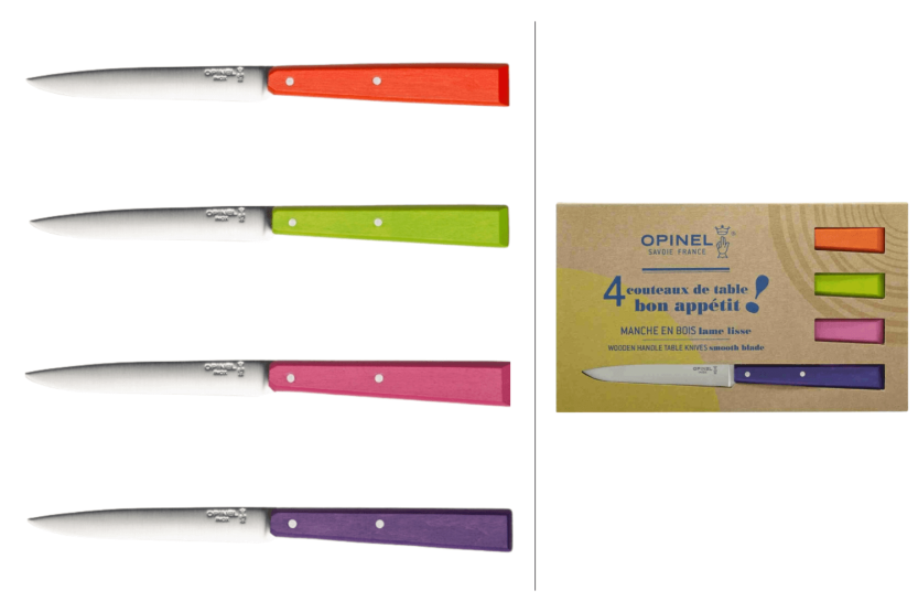 Æske med 4 Opinel Bon Appétit Pop bordknive n°125 11 cm blade i rustfrit stål håndtag i avnbøg