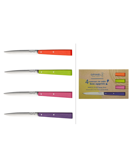 Set mit 4 Tafelmessern Opinel Bon Appétit Pop n°125 Klingen 11cm aus Edelstahl Griff aus Hainbuchenholz