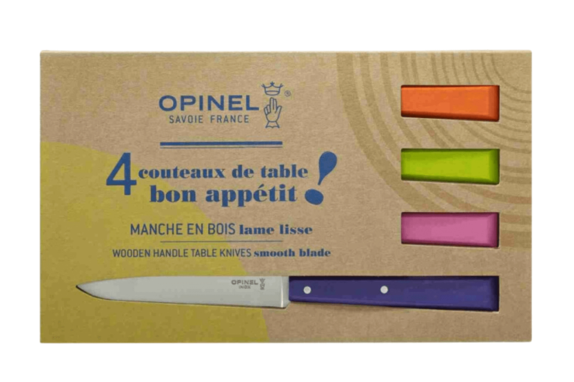 Caixa de 4 facas de mesa Opinel Bon Appétit Pop n°125 11cm lâminas em aço inoxidável cabo em chifre de boi