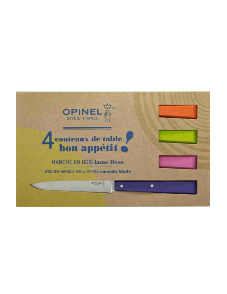 Låda med 4 Opinel Bon Appétit Pop bordsknivar n°125 11cm blad av rostfritt stål handtag av avenbok