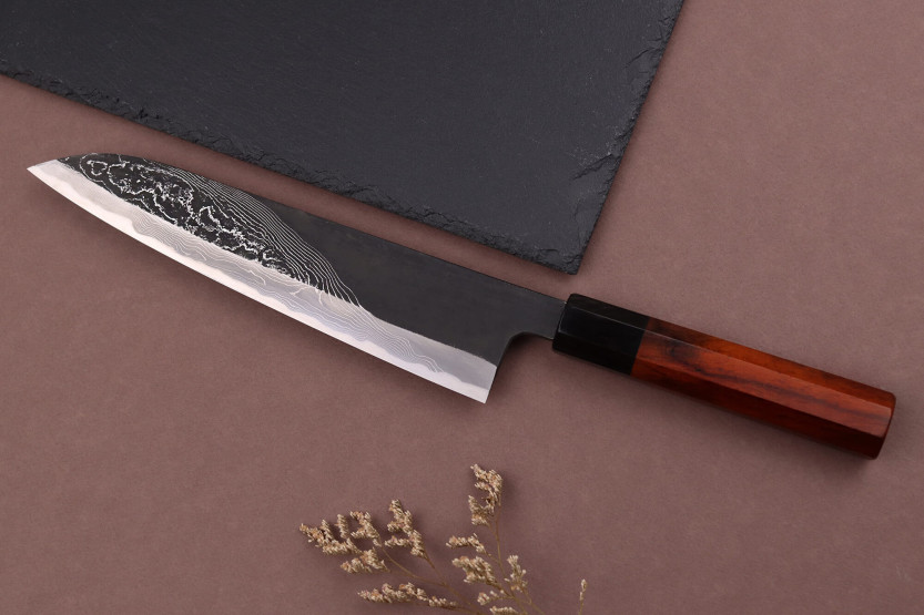 21cm Hinoura Tsukasa River Jump Cuchillo de cocinero japonés mango de madera sanguina