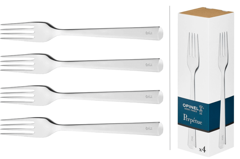 Æske med 4 Opinel Perpétue bordgafler, alle i rustfrit stål