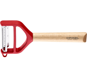 Opinel T-Duo pelador rojo con doble hoja microdentada y juliana, mango de haya