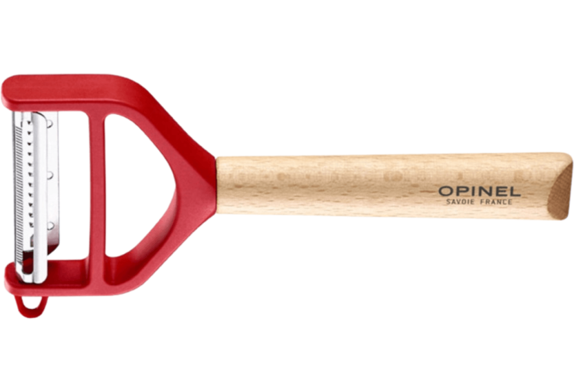 Opinel T-Duo rood dunschiller met dubbele microschil en julienne mesjes, beukenhouten handvat