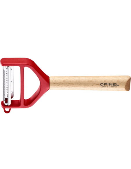 Opinel T-Duo red peeler with double micro-serrated and julienne blades, beechwood handle