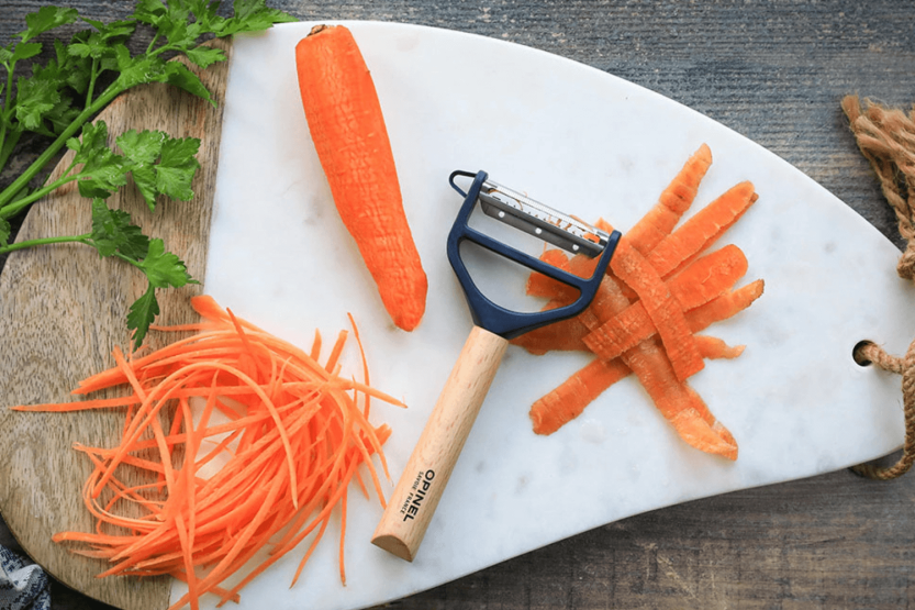 Opinel T-Duo blue peeler with double micro-serrated and julienne blades, beechwood handle
