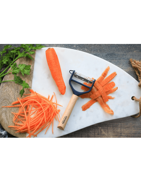 Opinel T-Duo blå skræller med dobbelte mikrosavede og julienne-knive, håndtag af bøgetræ
