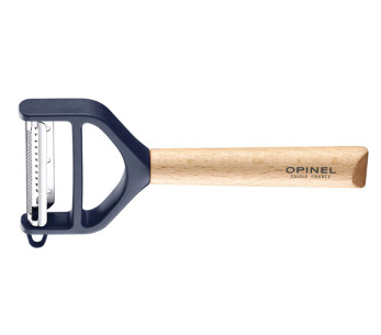 Opinel T-Duo sininen kuorimaveitsi, jossa on kaksinkertaiset mikrohammastetut ja julienne-terät, pyökkipuinen kahva.