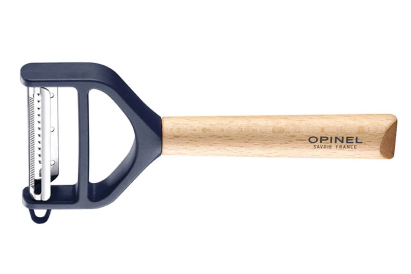 Opinel T-Duo blue peeler with double micro-serrated and julienne blades, beechwood handle