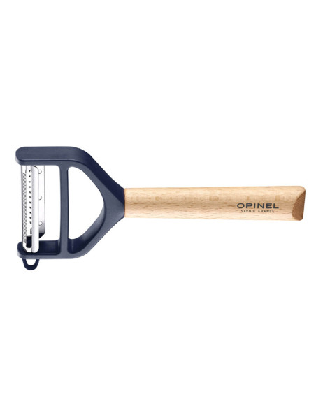 Opinel T-Duo blå skræller med dobbelte mikrosavede og julienne-knive, håndtag af bøgetræ