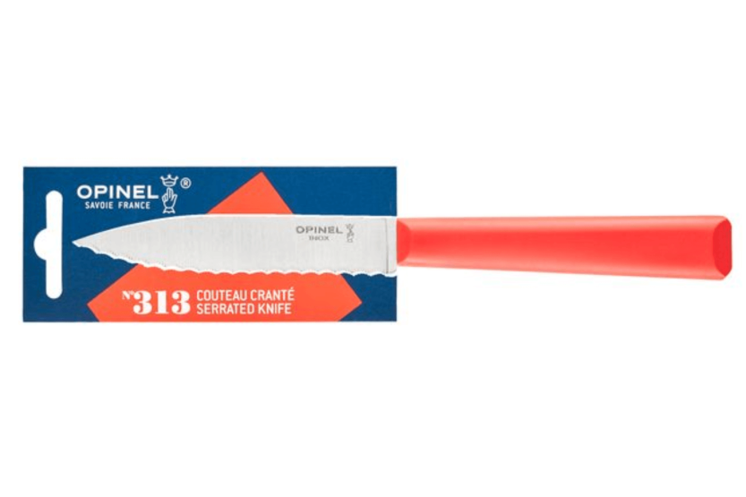 Opinel Les Essentiels + n°313 kuorimaveitsi 10cm hammastettu terä punainen polymeerikahva