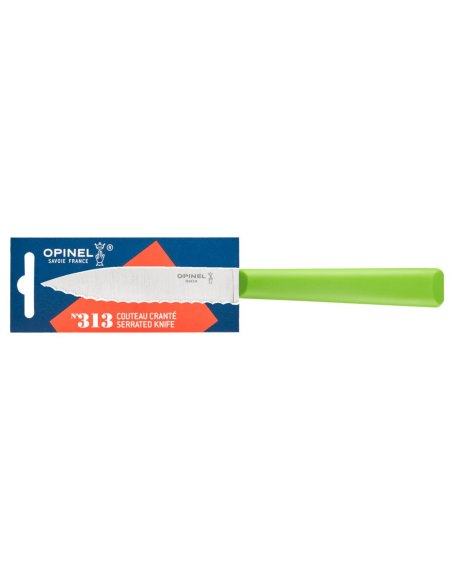 Opinel Les Essentiels + n°313 skjærekniv 10 cm takket blad grønt polymerhåndtak
