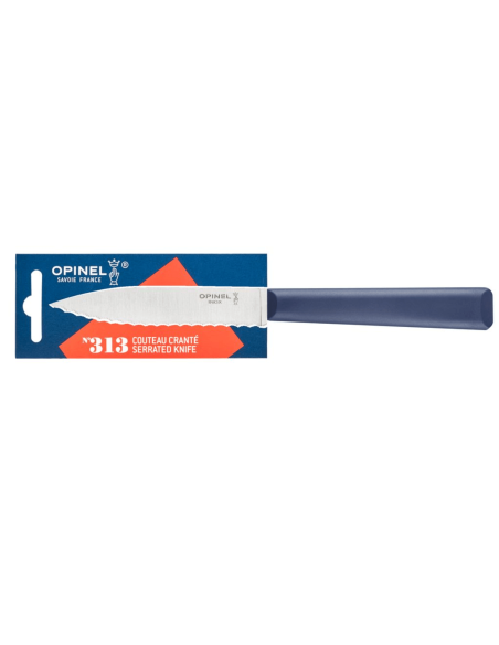 Opinel Les Essentiels + n°313 urtekniv 10 cm savtakket blad blåt polymerhåndtag