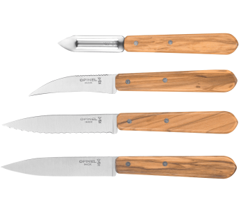 Set in scatola di 4 coltelli Opinel Les Essentiels Olivier con manico in legno d'ulivo