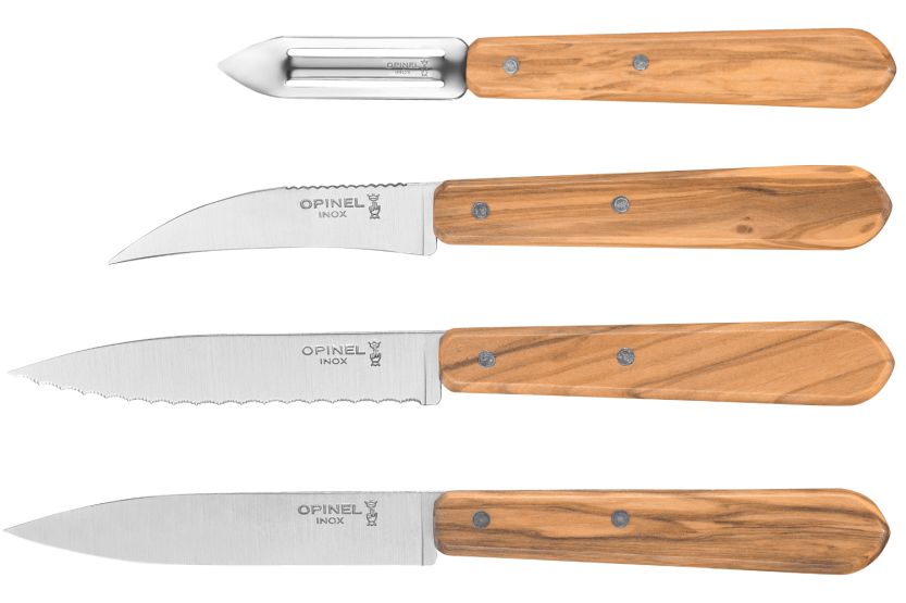 Set in scatola di 4 coltelli Opinel Les Essentiels Olivier con manico in legno d'ulivo