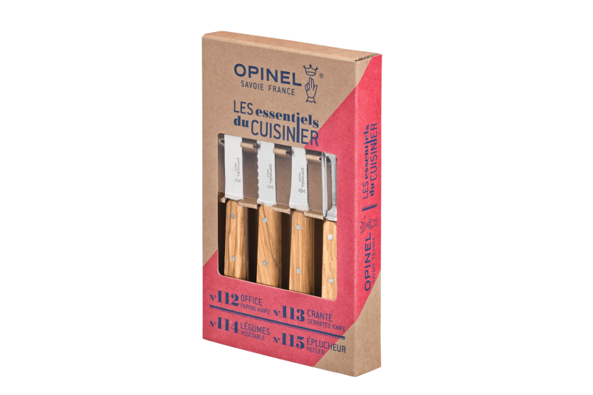 Opinel Les Essentiels Olivier -veitset, 4 kpl, oliivipuukahvat