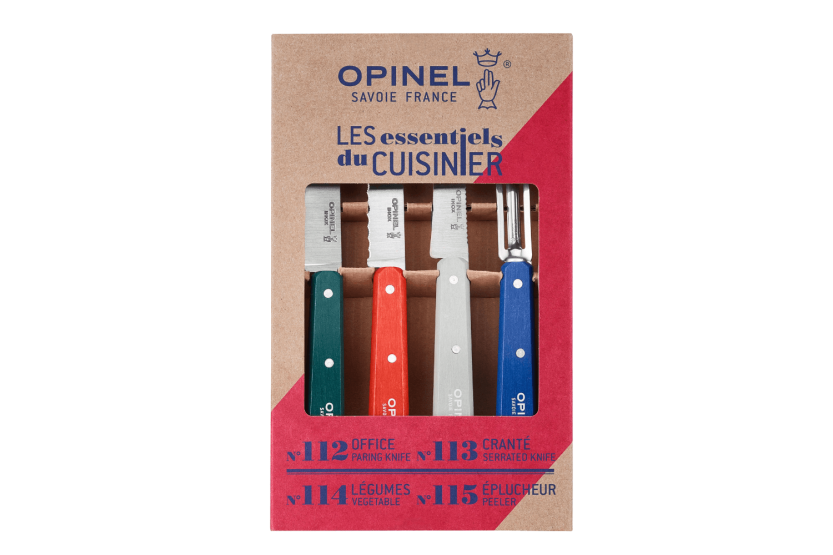 Estuche de 4 cuchillos Opinel Les Essentiels Primo con mangos de madera de carpe multicolor