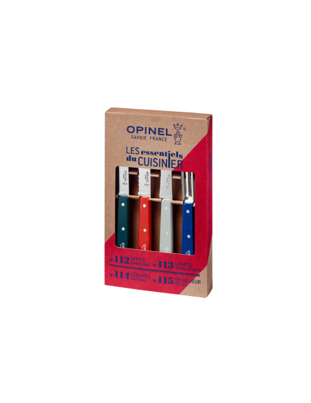 Estuche de 4 cuchillos Opinel Les Essentiels Primo con mangos de madera de carpe multicolor