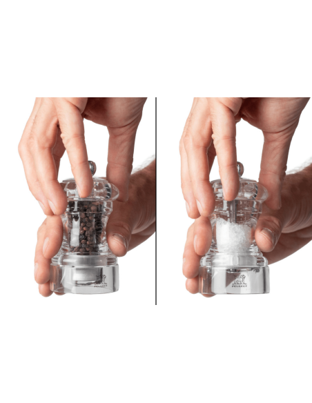 Peugeot Bistro 10cm acrylic duo set of manual pepper and dry salt mills