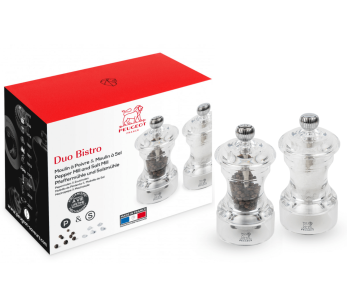 Peugeot Bistro 10cm acrylic duo set of manual pepper and dry salt mills