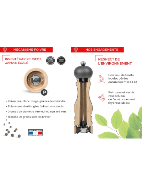 Peugeot Fidji manual pepper mill in beechwood and stainless steel, graphite collection 15cm