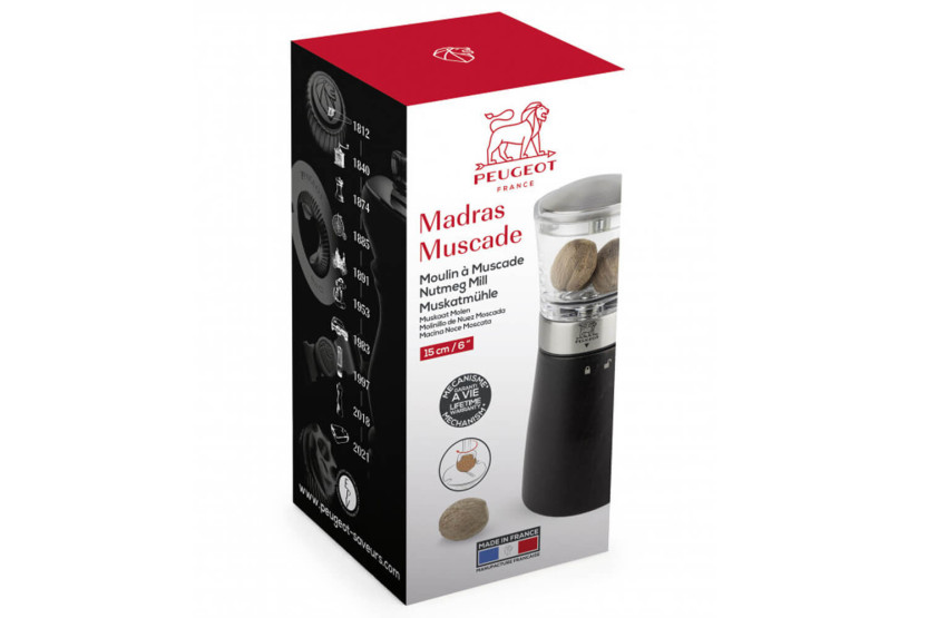 Molinillo manual de nuez moscada Peugeot Madras en madera de haya, acero inoxidable y acrílico chocolate 15cm