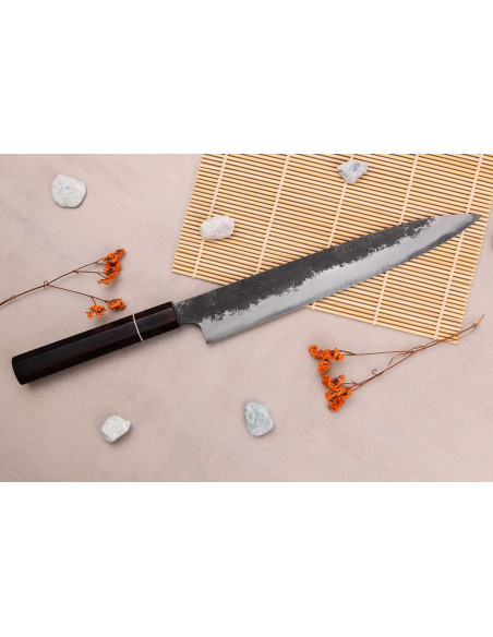 Naoki Mazaki WS2 Negro Nashiji 24cm cuchillo japonés hecho a mano sujihiki