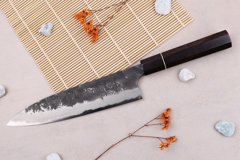 Naoki Mazaki WS2 Negro Nashiji 21cm cuchillo gyuto japonés hecho a mano